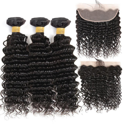 10A Grade 3/4 Deep Wave Human Hair bundles with 4x4 Closures & 13x4 Fr