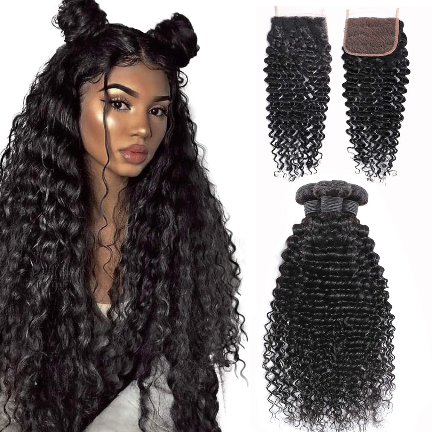 10A Grade 3/4 Deep Wave Human Hair bundles with 4x4 Closures & 13x4 Fr