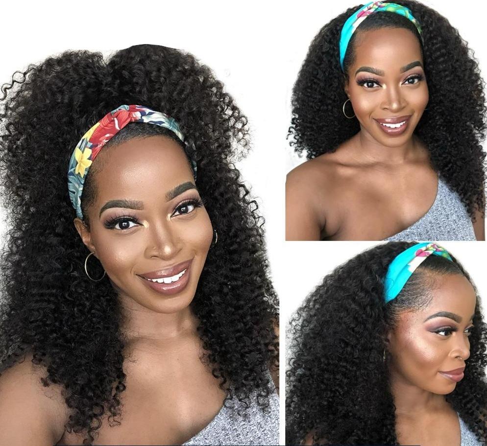 Headband Wig Kinky Curly Human Hair Scarf Wig No GLUE Easy Wear