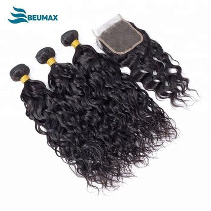 10A Grade 3/4 Water Wave Human Hair bundles with  4x4 Closures & 13x4