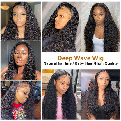 13x4 HD Transparent Lace Frontal Deep Wave Human Hair Wigs 200% Densit