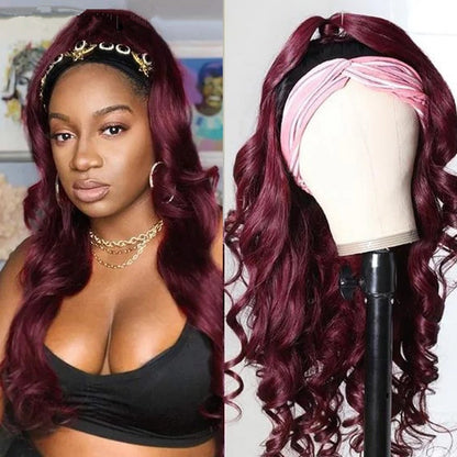 Burgundy Headband Body Wave Human Hair Wig #99J  Scarf Wig No GLUE Eas